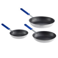 Vollrath Wear-Ever 3-Piece Aluminum Non-Stick Fry Pan Set with Rivetless Interior, CeramiGuard II Coating, and Blue Cool Handles - 8 inch, 10 inch, and 12 inch Frying Pans