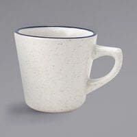 International Tableware DA-1 Danube 7 oz. Ivory (American White) Blue Speckled Stoneware Tall Cup with Blue Bands - 36/Case