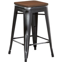 Lancaster Table & Seating Alloy Series Distressed Black Metal Indoor Industrial Cafe Counter Height Stool with Walnut Wood Seat