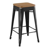 Lancaster Table & Seating Alloy Series Distressed Black Indoor Backless Counter Height Stool with Walnut Wood Seat