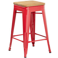 Lancaster Table & Seating Alloy Series Red Metal Indoor Industrial Cafe Counter Height Stool with Natural Wood Seat