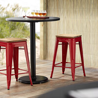 Lancaster Table & Seating Alloy Series Red Metal Indoor Industrial Cafe Counter Height Stool with Natural Wood Seat