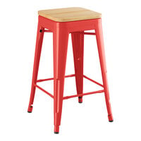 Lancaster Table & Seating Alloy Series Ruby Red Indoor Backless Counter Height Stool with Natural Wood Seat