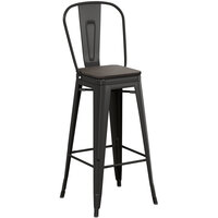 Lancaster Table & Seating Alloy Series Black Metal Indoor Industrial Cafe Bar Height Stool with Vertical Slat Back and Black Wood Seat