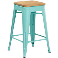 Lancaster Table & Seating Alloy Series Seafoam Metal Indoor Industrial Cafe Counter Height Stool with Natural Wood Seat