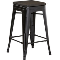 Lancaster Table & Seating Alloy Series Black Metal Indoor Industrial Cafe Counter Height Stool with Black Wood Seat