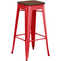Lancaster Table & Seating Alloy Series Red Metal Indoor Industrial Cafe Bar Height Stool with Walnut Wood Seat