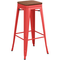 Lancaster Table & Seating Alloy Series Ruby Red Indoor Backless Barstool with Walnut Wood Seat