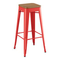 Lancaster Table & Seating Alloy Series Ruby Red Indoor Backless Barstool with Walnut Wood Seat