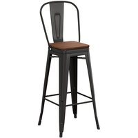 Lancaster Table & Seating Alloy Series Black Metal Indoor Industrial Cafe Bar Height Stool with Vertical Slat Back and Walnut Wood Seat