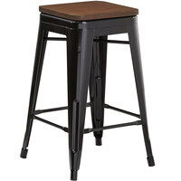 Lancaster Table & Seating Alloy Series Black Metal Indoor Industrial Cafe Counter Height Stool with Walnut Wood Seat