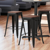 Lancaster Table & Seating Alloy Series Black Metal Indoor Industrial Cafe Counter Height Stool with Walnut Wood Seat