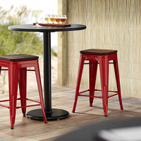 Lancaster Table & Seating Alloy Series Red Metal Indoor Industrial Cafe Counter Height Stool with Walnut Wood Seat
