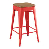 Lancaster Table & Seating Alloy Series Ruby Red Indoor Backless Counter Height Stool with Walnut Wood Seat