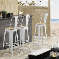 Lancaster Table & Seating Alloy Series White Metal Indoor Industrial Cafe Bar Height Stool with Vertical Slat Back and Natural Wood Seat