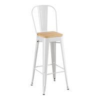 Lancaster Table & Seating Alloy Series Pearl White Indoor Cafe Barstool with Natural Wood Seat