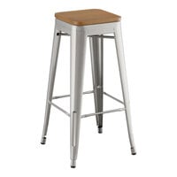 Lancaster Table & Seating Alloy Series Clear Coat Indoor Backless Barstool with Walnut Wood Seat