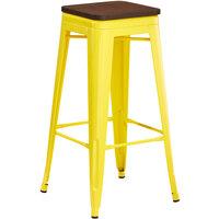 Lancaster Table & Seating Alloy Series Yellow Metal Indoor Industrial Cafe Bar Height Stool with Walnut Wood Seat