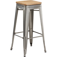 Lancaster Table & Seating Alloy Series Clear Coated Metal Indoor Industrial Cafe Bar Height Stool with Natural Wood Seat
