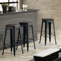 Lancaster Table & Seating Alloy Series Black Metal Indoor Industrial Cafe Bar Height Stool with Black Wood Seat