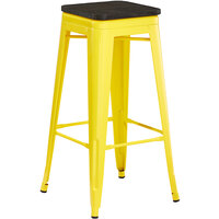 Lancaster Table & Seating Alloy Series Yellow Metal Indoor Industrial Cafe Bar Height Stool with Black Wood Seat