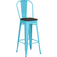 Lancaster Table & Seating Alloy Series Arctic Blue Metal Indoor Industrial Cafe Bar Height Stool with Vertical Slat Back and Black Wood Seat