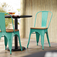Lancaster Table & Seating Alloy Series Seafoam Metal Indoor Industrial Cafe Chair with Vertical Slat Back and Natural Wood Seat