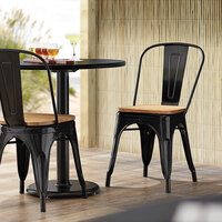 Lancaster Table & Seating Alloy Series Black Metal Indoor Industrial Cafe Chair with Vertical Slat Back and Natural Wood Seat