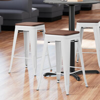 Lancaster Table & Seating Alloy Series White Metal Indoor Industrial Cafe Counter Height Stool with Walnut Wood Seat