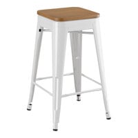 Lancaster Table & Seating Alloy Series Pearl White Indoor Backless Counter Height Stool with Walnut Wood Seat