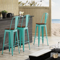 Lancaster Table & Seating Alloy Series Seafoam Metal Indoor Industrial Cafe Bar Height Stool with Vertical Slat Back and Walnut Wood Seat