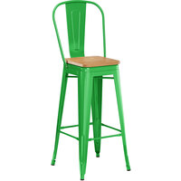 Lancaster Table & Seating Alloy Series Green Metal Indoor Industrial Cafe Bar Height Stool with Vertical Slat Back and Natural Wood Seat