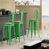 Lancaster Table & Seating Alloy Series Green Metal Indoor Industrial Cafe Bar Height Stool with Vertical Slat Back and Natural Wood Seat