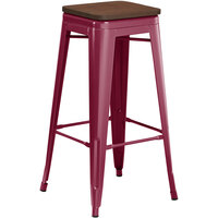 Lancaster Table & Seating Alloy Series Sangria Metal Indoor Industrial Cafe Bar Height Stool with Walnut Wood Seat