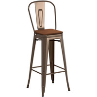 Lancaster Table & Seating Alloy Series Copper Metal Indoor Industrial Cafe Bar Height Stool with Vertical Slat Back and Walnut Wood Seat