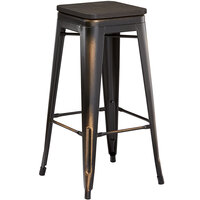 Lancaster Table & Seating Alloy Series Distressed Copper Metal Indoor Industrial Cafe Bar Height Stool with Black Wood Seat