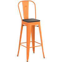 Lancaster Table & Seating Alloy Series Orange Metal Indoor Industrial Cafe Bar Height Stool with Vertical Slat Back and Black Wood Seat