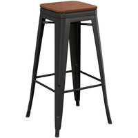 Lancaster Table & Seating Alloy Series Black Metal Indoor Industrial Cafe Bar Height Stool with Walnut Wood Seat