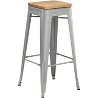 Lancaster Table & Seating Alloy Series Silver Metal Indoor Industrial Cafe Bar Height Stool with Natural Wood Seat
