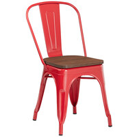 Lancaster Table & Seating Alloy Series Red Metal Indoor Industrial Cafe Chair with Vertical Slat Back and Walnut Wood Seat