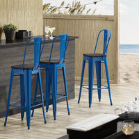 Lancaster Table & Seating Alloy Series Blue Metal Indoor Industrial Cafe Bar Height Stool with Vertical Slat Back and Black Wood Seat