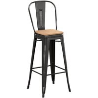 Lancaster Table & Seating Alloy Series Distressed Black Indoor Cafe Barstool with Natural Wood Seat
