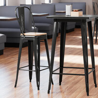 Lancaster Table & Seating Alloy Series Distressed Black Metal Indoor Industrial Cafe Bar Height Stool with Vertical Slat Back and Natural Wood Seat