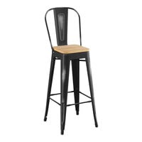 Lancaster Table & Seating Alloy Series Distressed Black Indoor Cafe Barstool with Natural Wood Seat