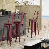 Lancaster Table & Seating Alloy Series Sangria Metal Indoor Industrial Cafe Bar Height Stool with Vertical Slat Back and Walnut Wood Seat