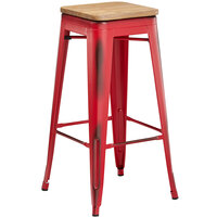 Lancaster Table & Seating Alloy Series Distressed Red Metal Indoor Industrial Cafe Bar Height Stool with Natural Wood Seat