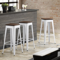 Lancaster Table & Seating Alloy Series White Metal Indoor Industrial Cafe Bar Height Stool with Walnut Wood Seat