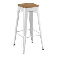 Lancaster Table & Seating Alloy Series Pearl White Indoor Backless Barstool with Walnut Wood Seat
