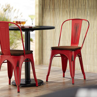 Lancaster Table & Seating Alloy Series Distressed Red Metal Indoor Industrial Cafe Chair with Vertical Slat Back and Walnut Wood Seat