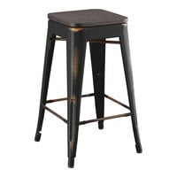 Lancaster Table & Seating Alloy Series Distressed Copper Indoor Backless Counter Height Stool with Black Wood Seat